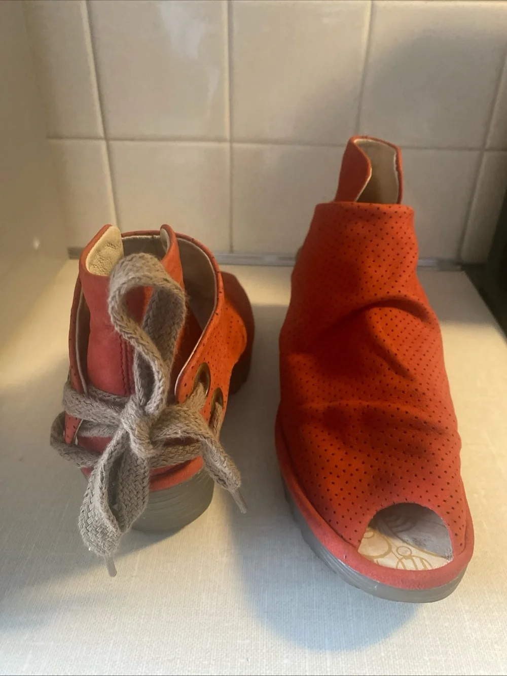 Fly London Lace Up Open Toe Wedge Sandals Red Suede Womens 37 US 6 6.5
